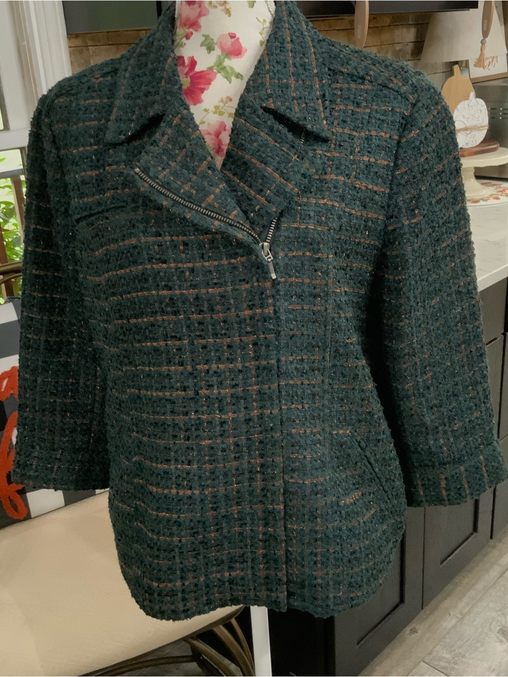 Coldwater Creek Women’s 16 Blazer Ribbon Boucle Moto Zip Jacket 3/4 Sleeve Green